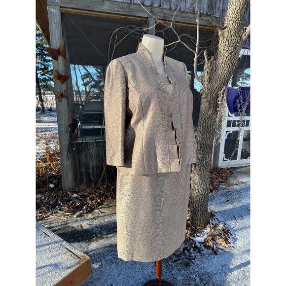 90s Gold Albert Nippon Boutique Skirt Suit Plisse Metallic Open Front Pleat Lape - Picture 1 of 16
